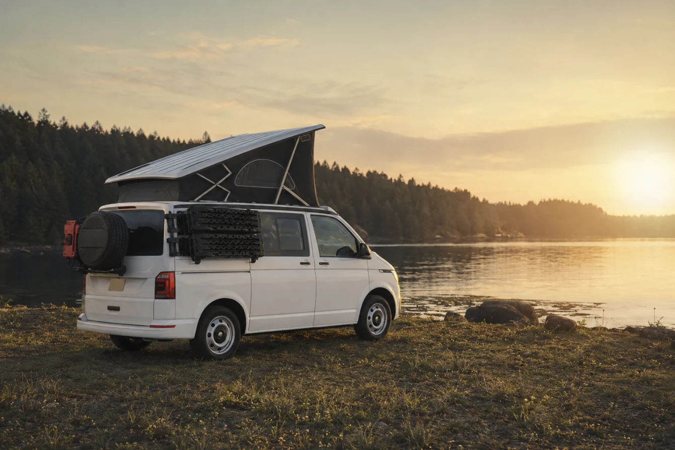 Le van California Coast de Vans des Volcans en bivouac au bord d'un lac au coucher du soleil, toit relevable ouvert