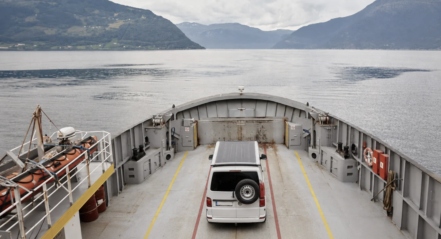 Le van aménagé Vans des Volcans à bord d'un ferry traversant un fjord norvégien